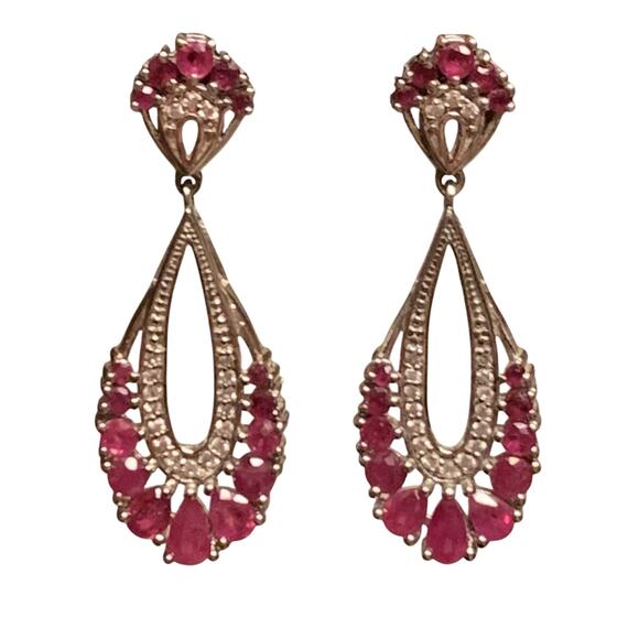 Sterling Silver, Natural Ruby and CZ Dangle/Drop Earrings Vintage - Picture 4 of 8
